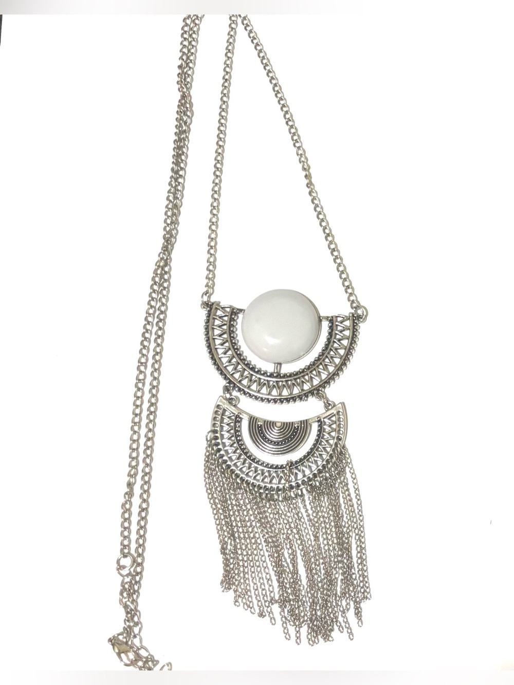 Fashion Jewelry Silver Necklace with White Stone and Fringe